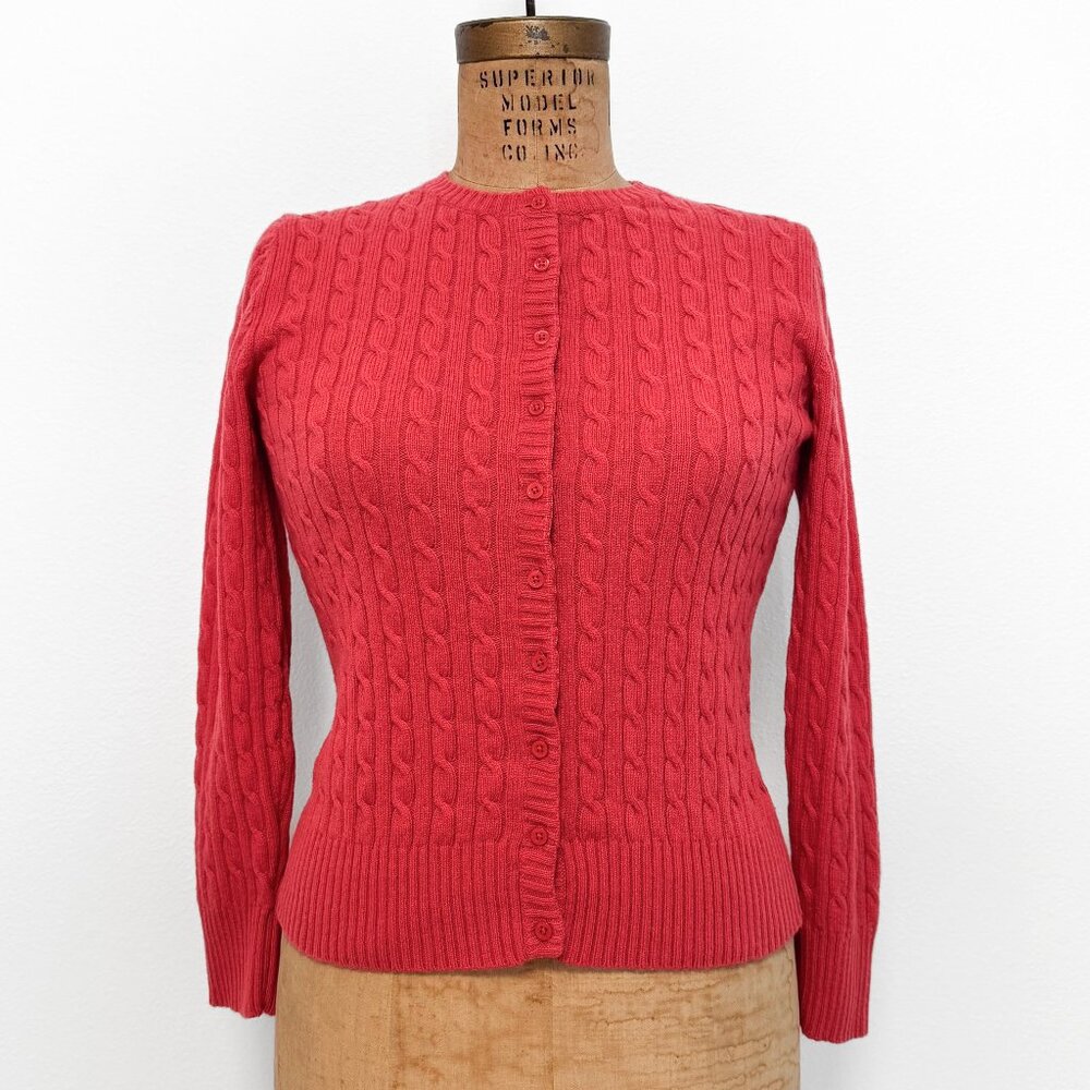Vintage L.L. Bean Red Lambswool Blend Cable Knit Cardigan Sweater Size Small